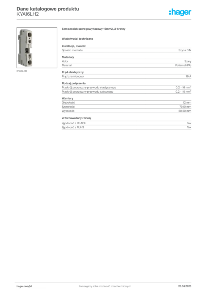 Zdjęcie Hager Karta katalogowa KYA16LH2 | Hager Polska