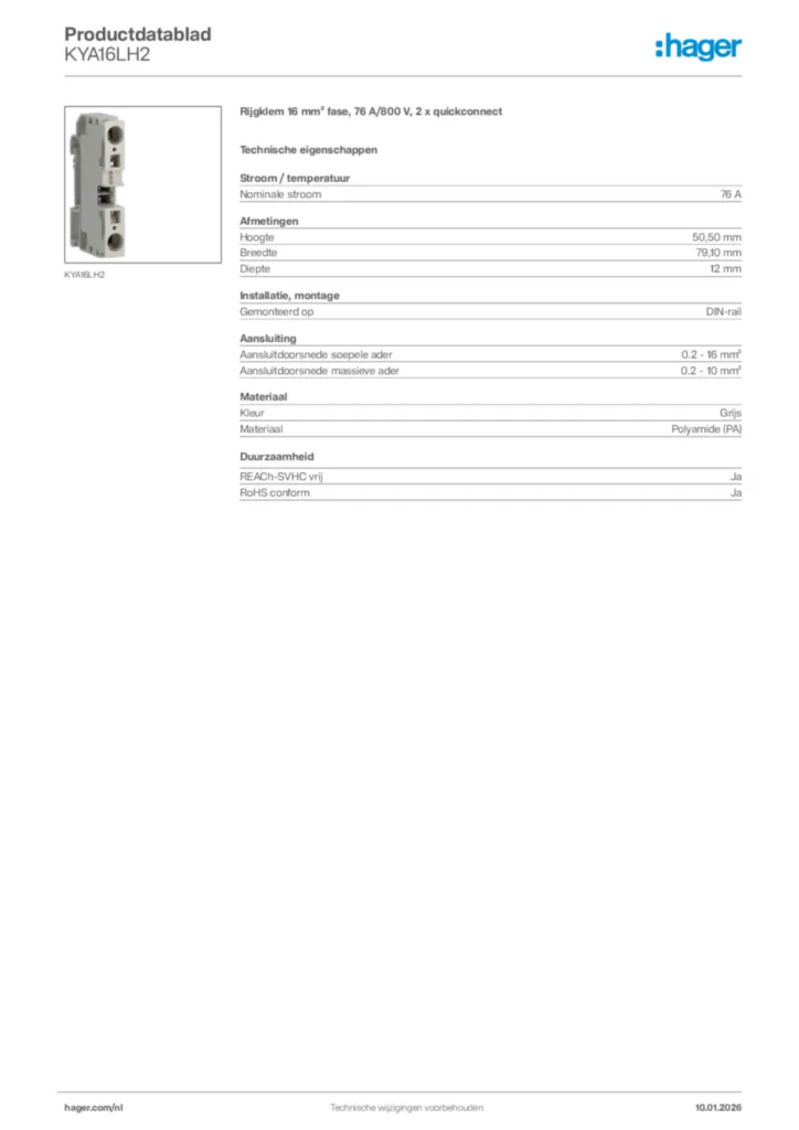 Afbeelding Hager Productdatablad KYA16LH2 | Hager Nederland