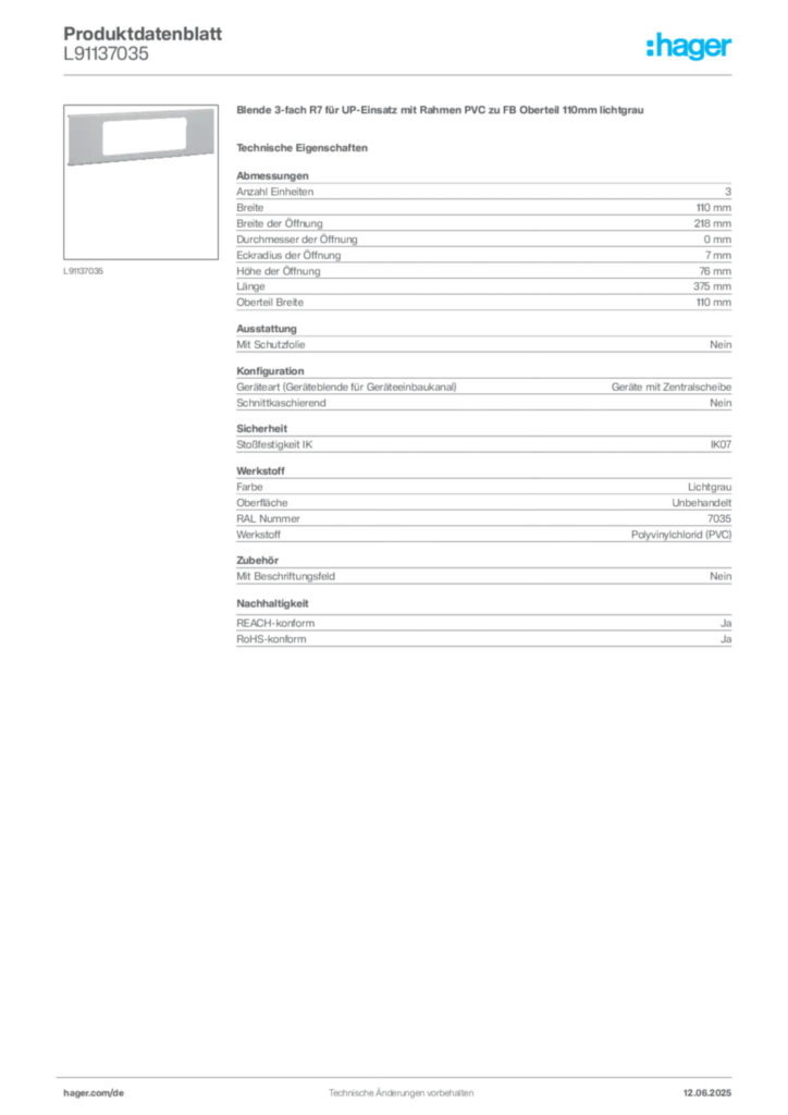 Hager Produktdatenblatt L91137035