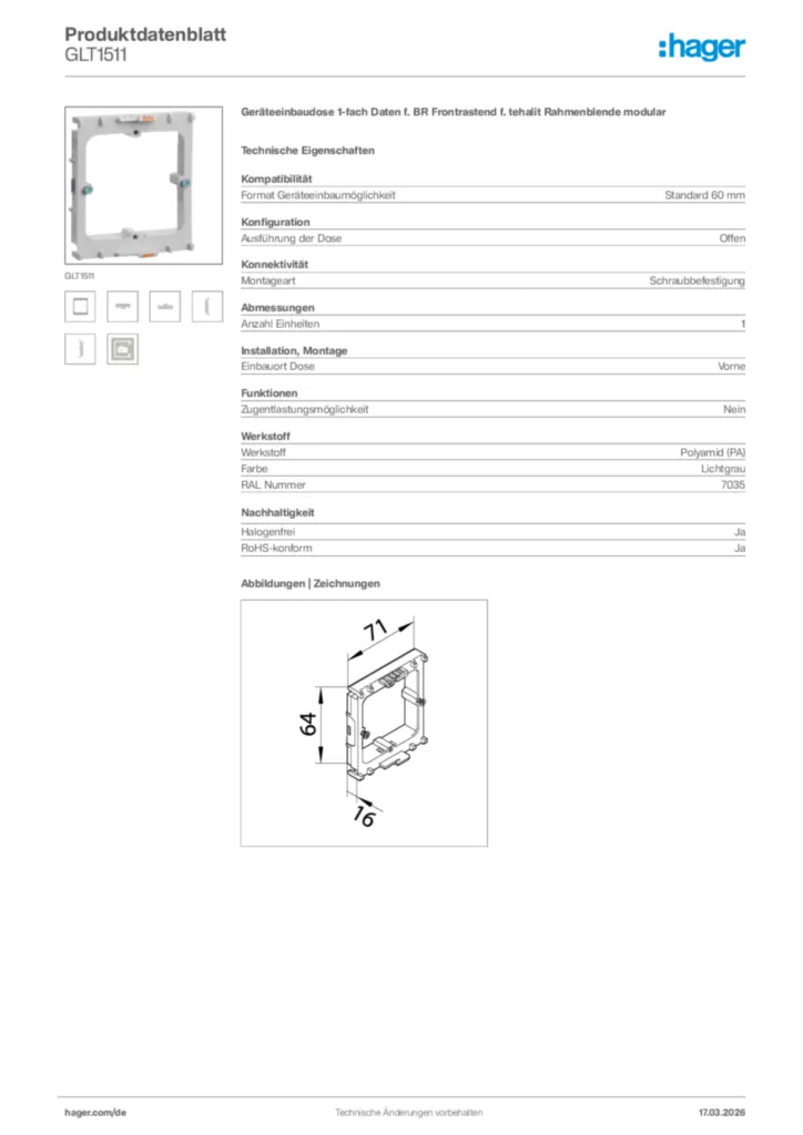 Bild Hager Produktdatenblatt GLT1511 | Hager Deutschland