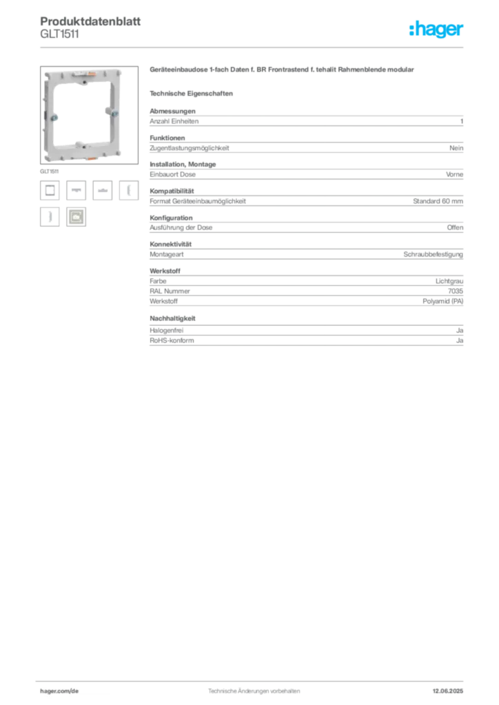 Bild Hager Produktdatenblatt GLT1511 | Hager Deutschland