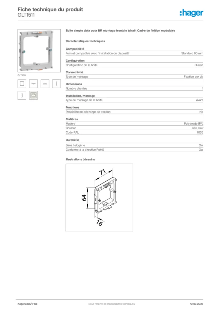 Image Hager Fiche technique du produit GLT1511 | Hager Belgique