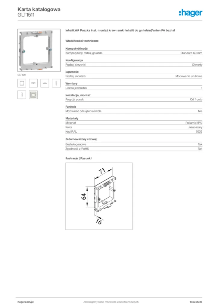 Zdjęcie Hager Karta katalogowa GLT1511 | Hager Polska