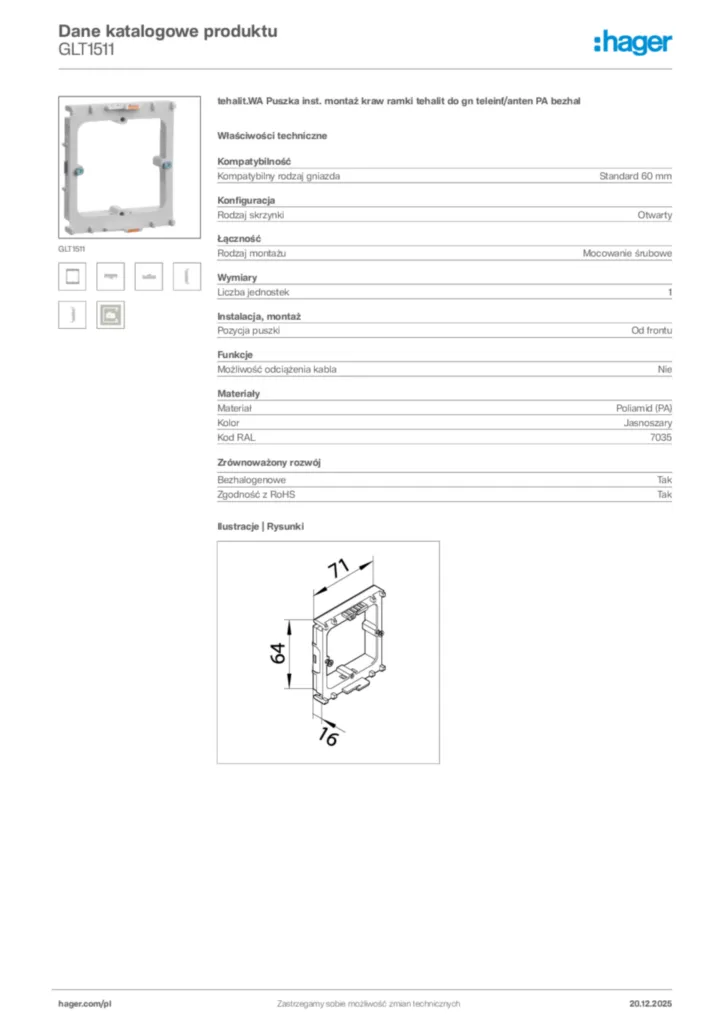 Zdjęcie Hager Karta katalogowa GLT1511 | Hager Polska