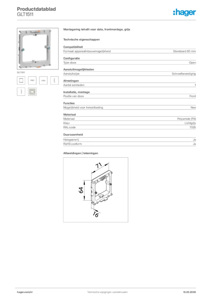 Afbeelding Hager Productdatablad GLT1511 | Hager Nederland