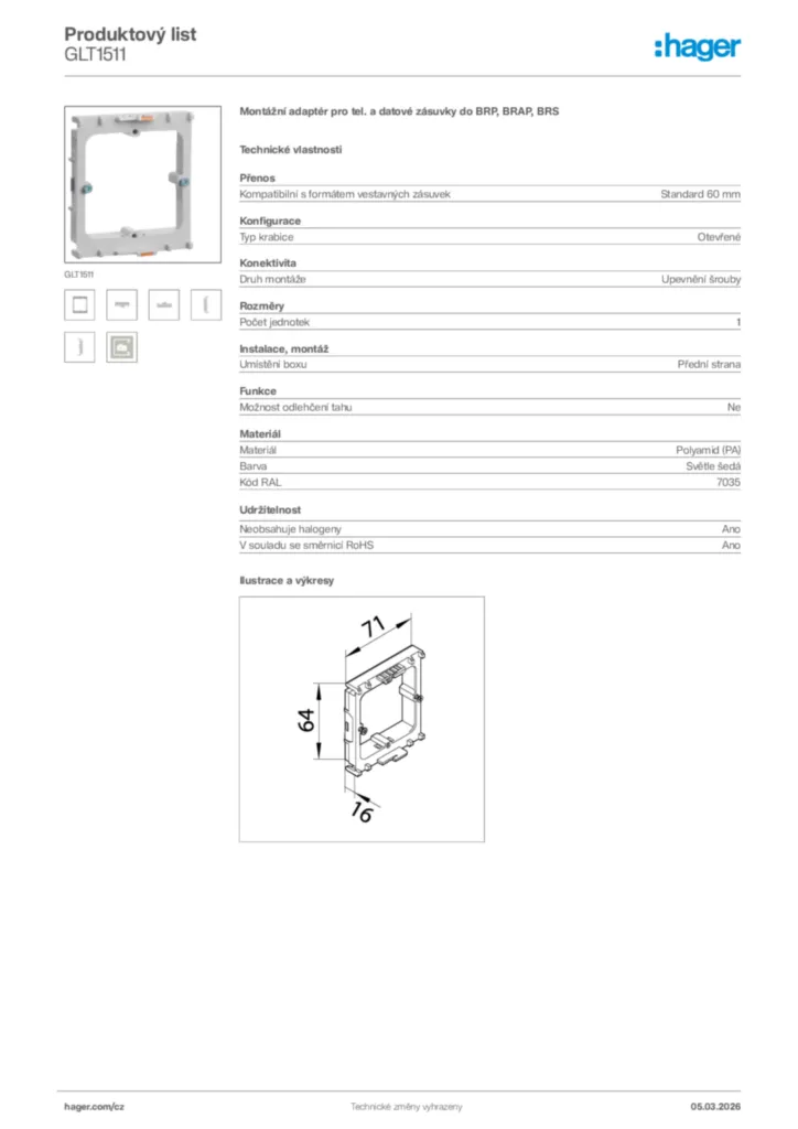 Obrázek Hager Product data sheet GLT1511 | Hager