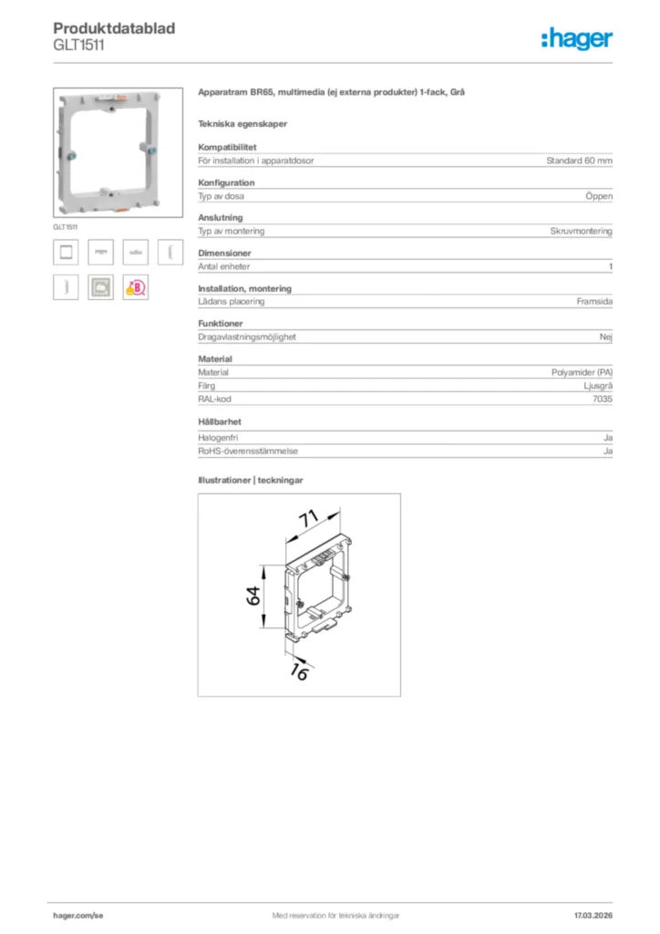 Bild Hager Produktdatablad GLT1511 | Hager Sverige