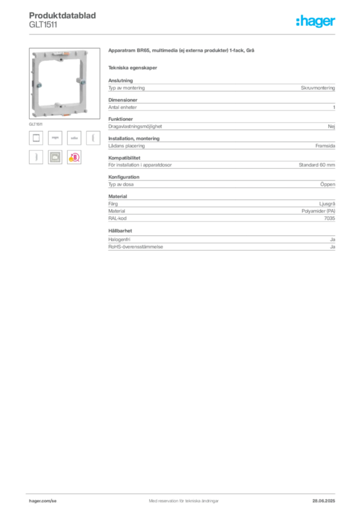 Bild Hager Produktdatablad GLT1511 | Hager Sverige