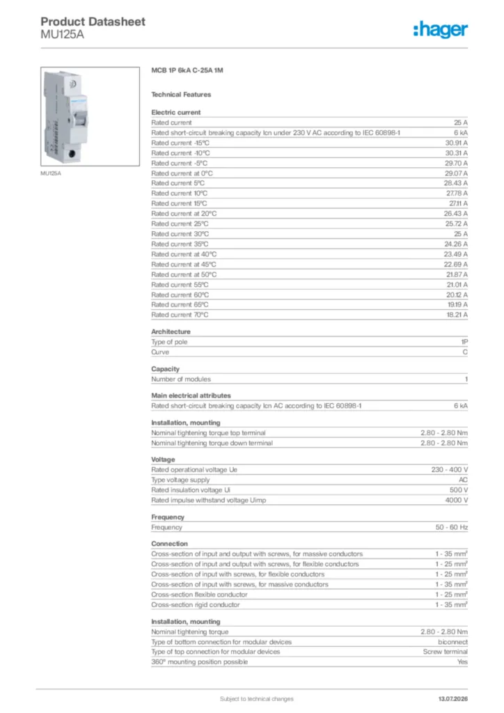 Image Hager Product data sheet MU125A  | Hager Africa