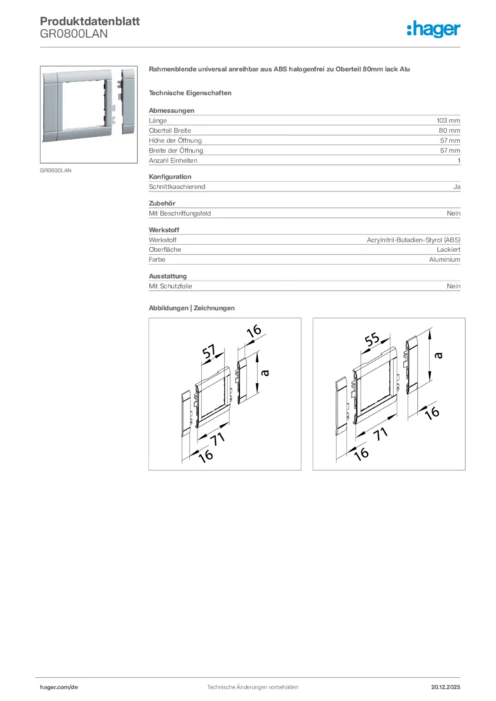 Bild Hager Produktdatenblatt GR0800LAN | Hager Deutschland
