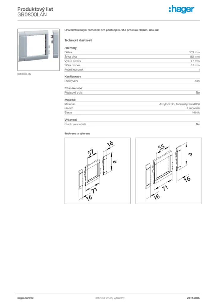 Obrázek Hager Produktový list GR0800LAN | Hager