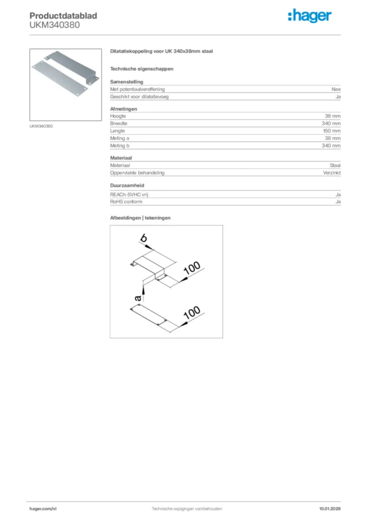 Afbeelding Hager Productdatablad UKM340380 | Hager Nederland