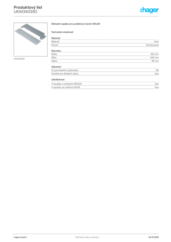 Obrázek Hager Produktový list UKM340380 | Hager