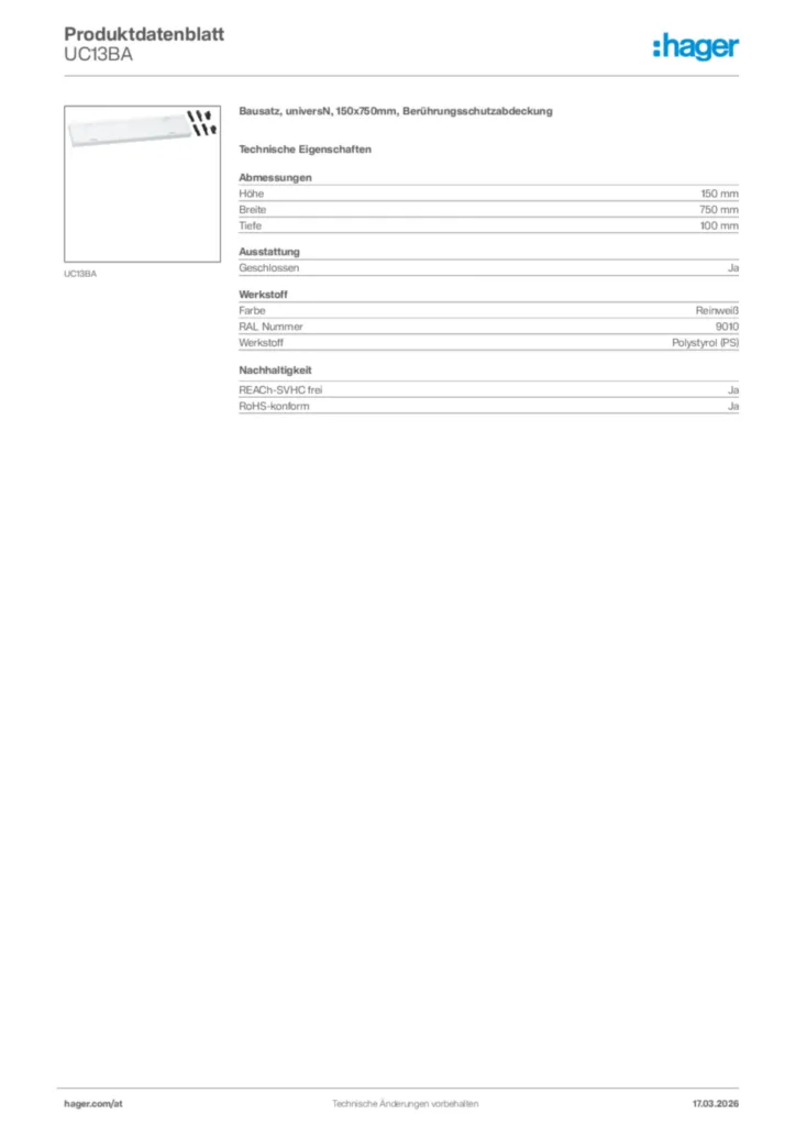 Bild Hager Produktdatenblatt UC13BA | Hager Deutschland