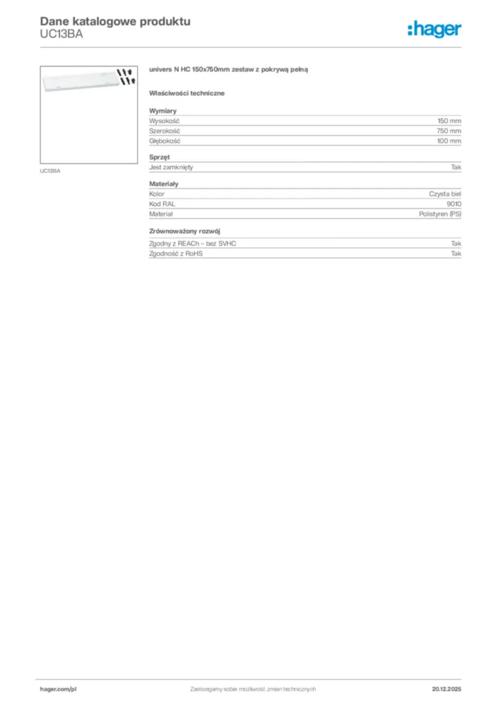 Zdjęcie Hager Karta katalogowa UC13BA | Hager Polska