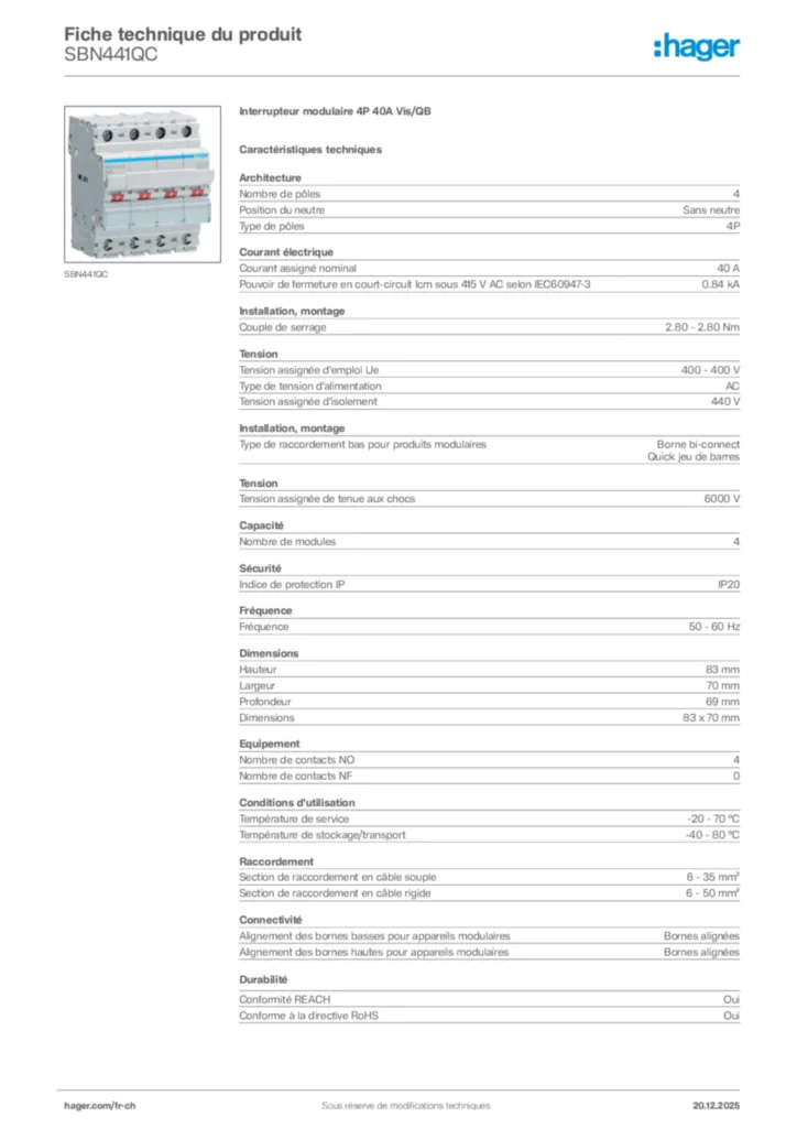 Image Hager Fiche technique du produit SBN441QC | Hager Suisse