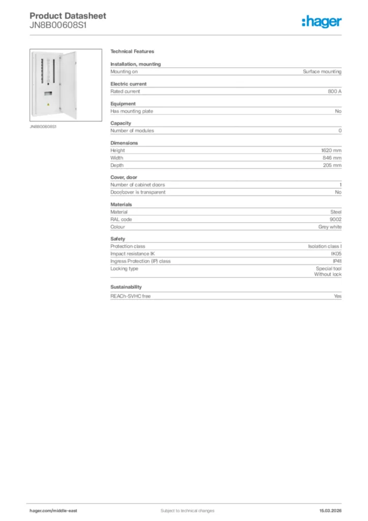 Image Hager Product data sheet JN8B00608S1  | Hager