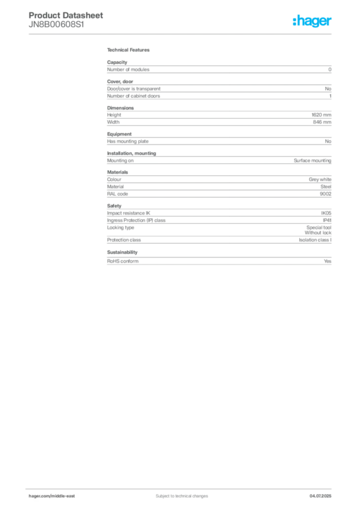 Image Hager Product data sheet JN8B00608S1  | Hager