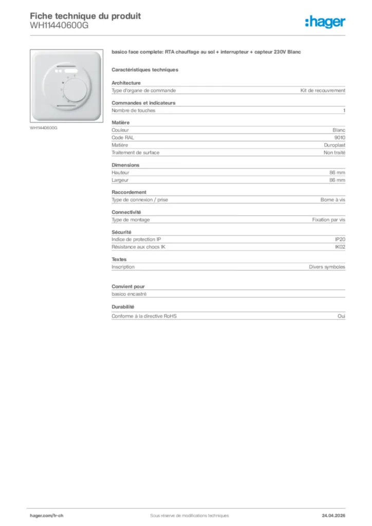 Image Hager Fiche technique du produit WH11440600G | Hager Suisse