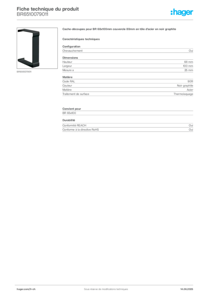 Image Hager Fiche technique du produit BR6510079011 | Hager Suisse