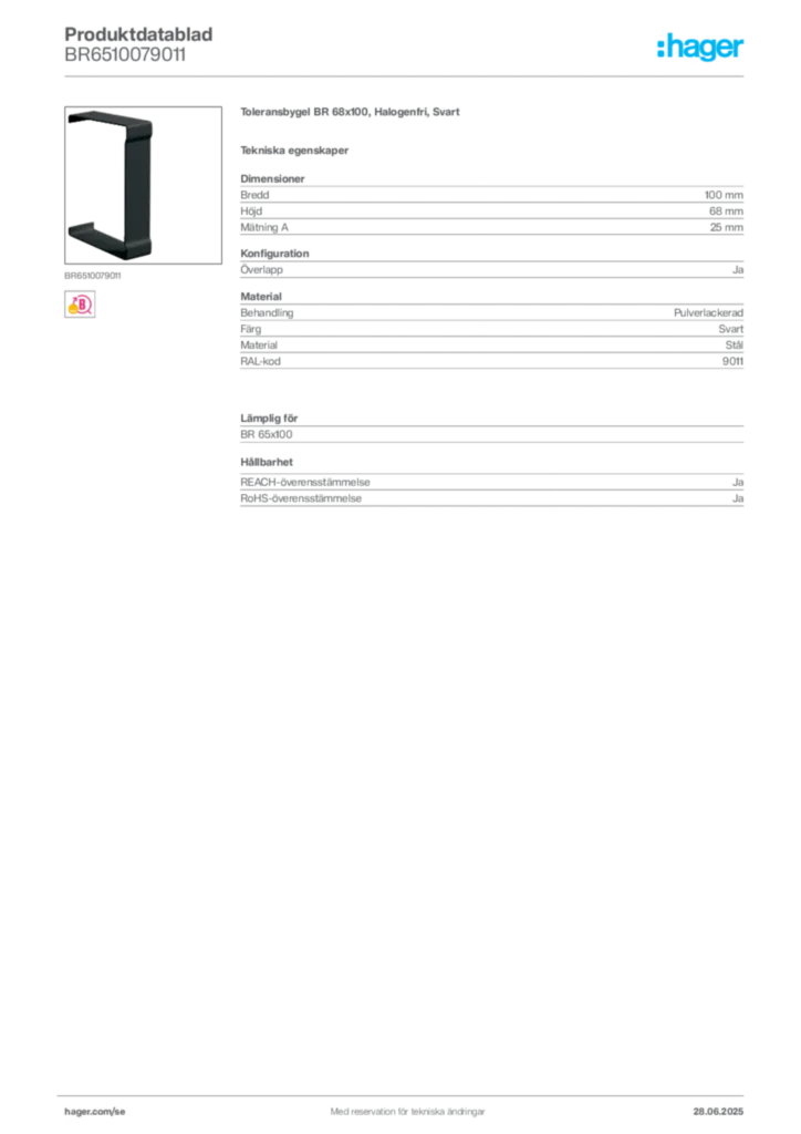 Bild Hager Produktdatablad BR6510079011 | Hager Sverige