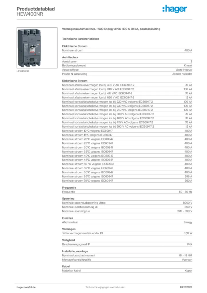 Afbeelding Hager Productdatablad HEW400NR | Hager Belgium