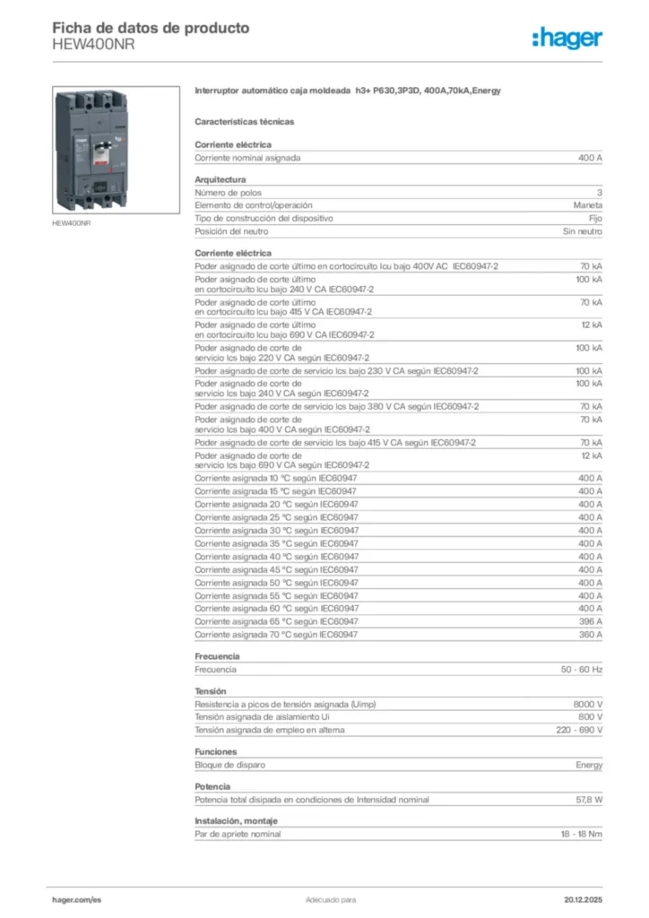 Imagen Hager Ficha de datos de producto HEW400NR | Hager España