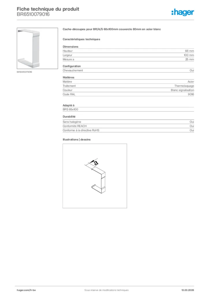 Image Hager Fiche technique du produit BR6510079016 | Hager Belgique