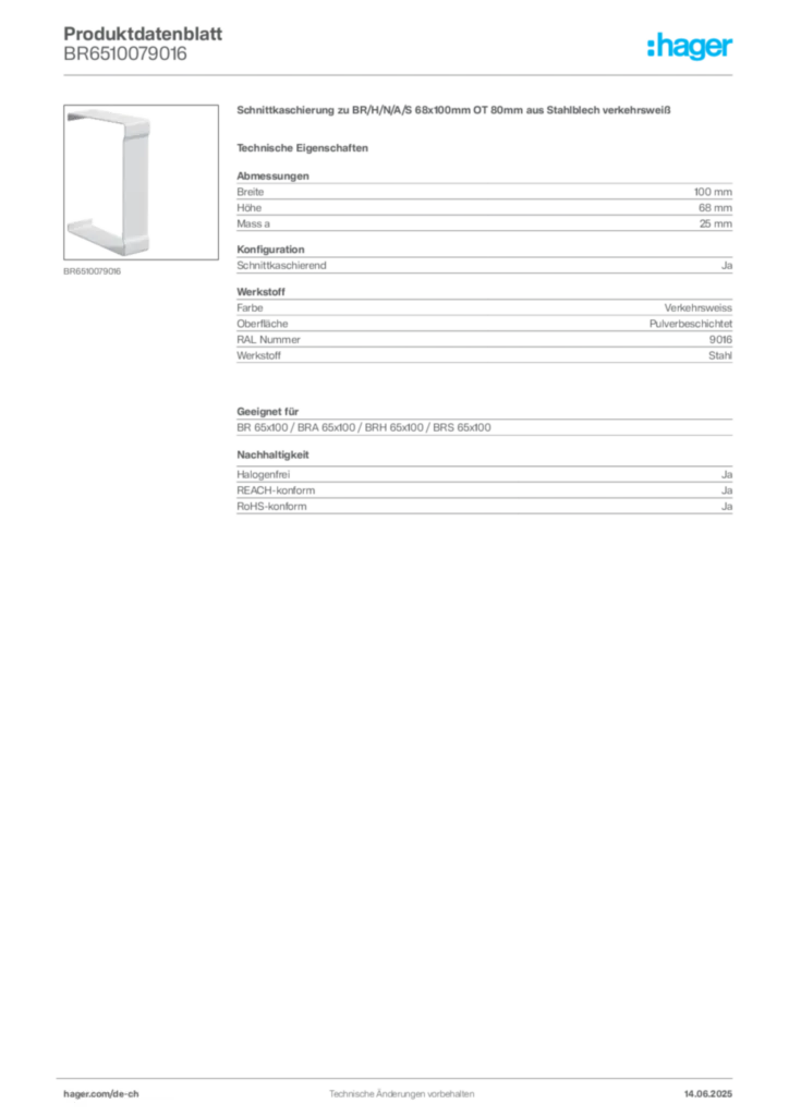 Bild Hager Produktdatenblatt BR6510079016 | Hager Schweiz