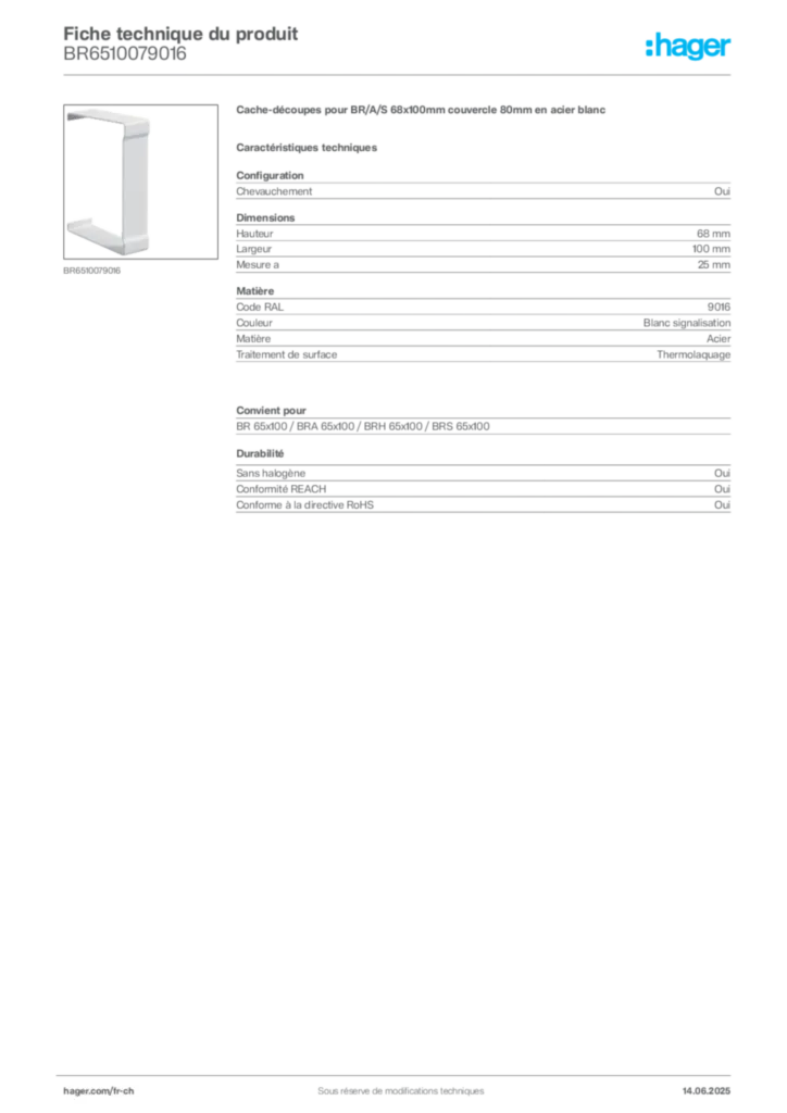 Image Hager Fiche technique du produit BR6510079016 | Hager Suisse