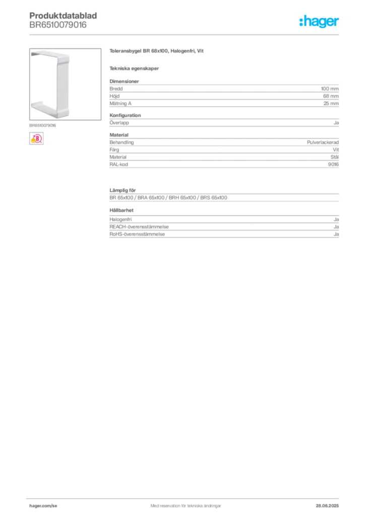 Bild Hager Produktdatablad BR6510079016 | Hager Sverige