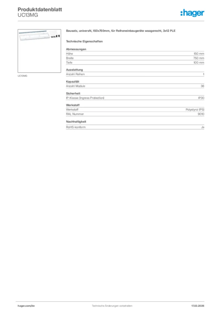 Bild Hager Produktdatenblatt UC13MG | Hager Deutschland