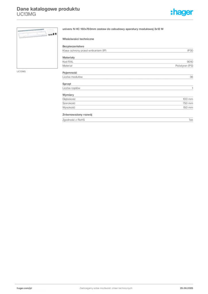 Zdjęcie Hager Karta katalogowa UC13MG | Hager Polska