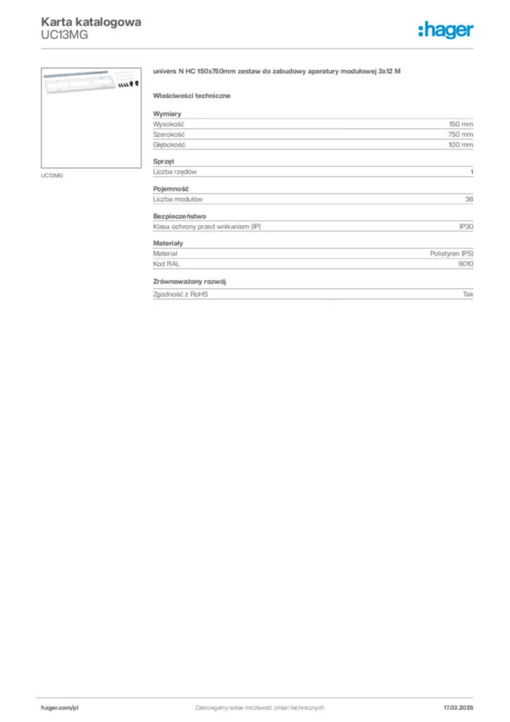 Zdjęcie Hager Karta katalogowa UC13MG | Hager Polska