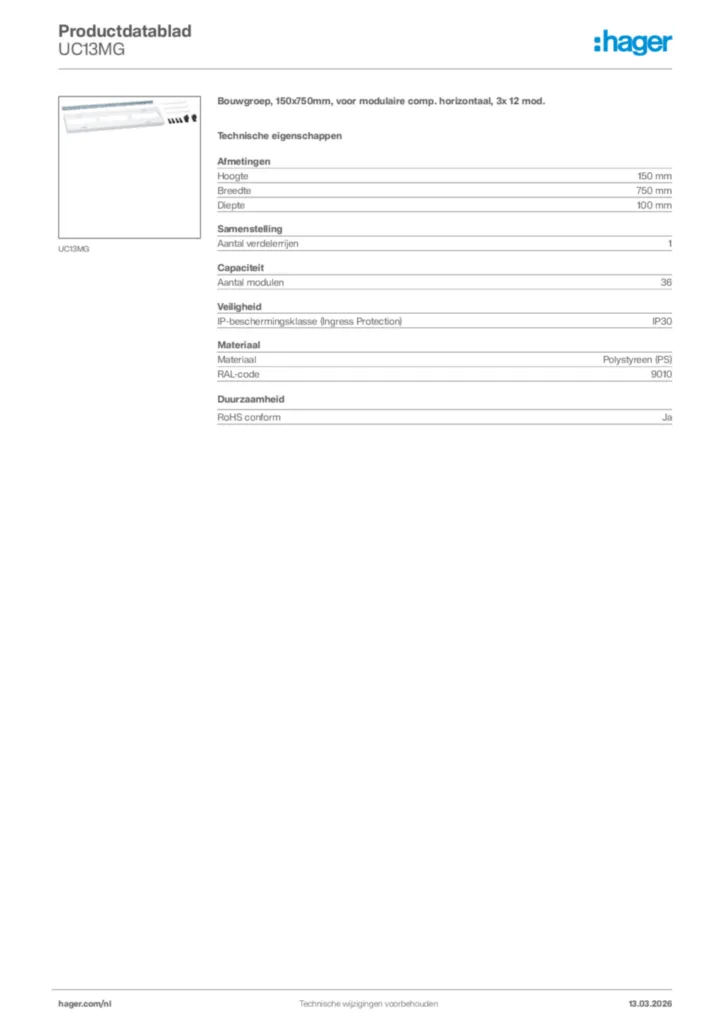 Afbeelding Hager Productdatablad UC13MG | Hager Nederland
