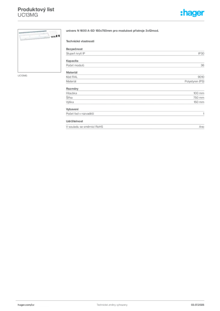 Obrázek Hager Produktový list UC13MG | Hager