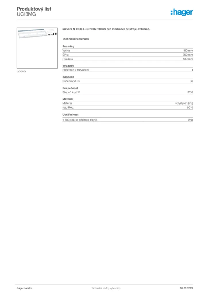 Obrázek Hager Product data sheet UC13MG | Hager