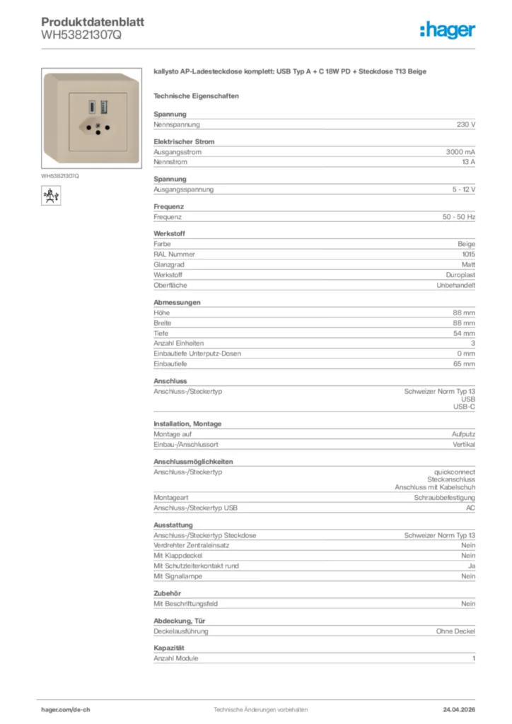 Bild Hager Produktdatenblatt WH53821307Q | Hager Schweiz