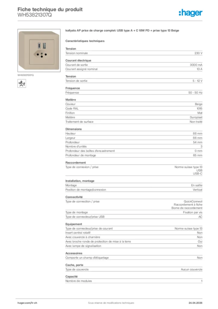Image Hager Fiche technique du produit WH53821307Q | Hager Suisse
