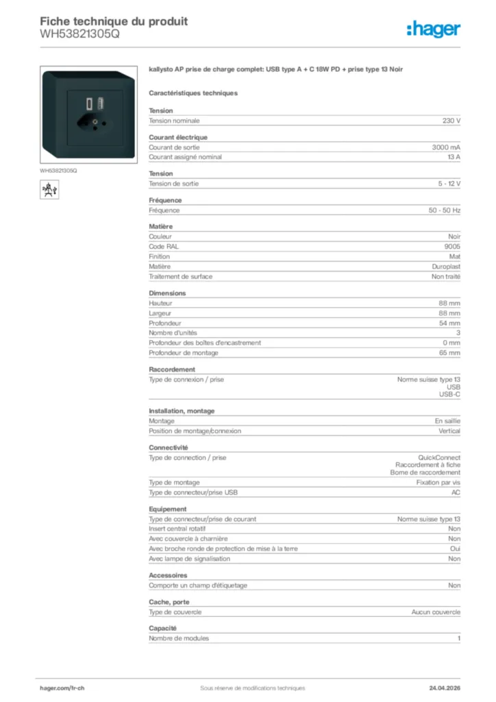 Image Hager Fiche technique du produit WH53821305Q | Hager Suisse
