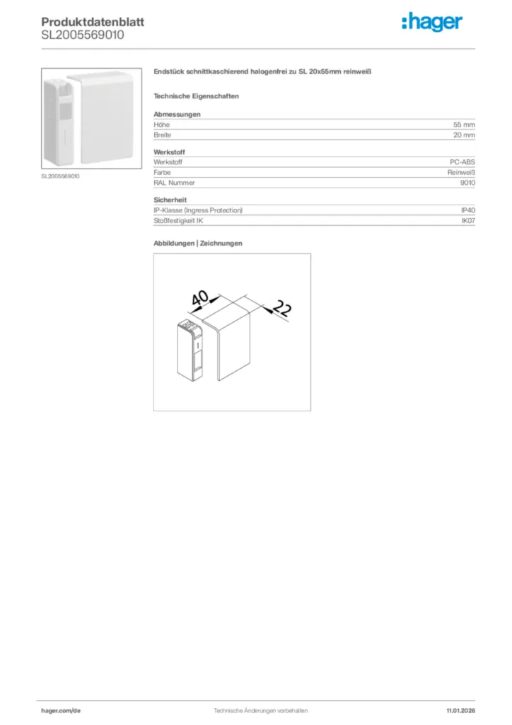 Bild Hager Produktdatenblatt SL2005569010 | Hager Deutschland