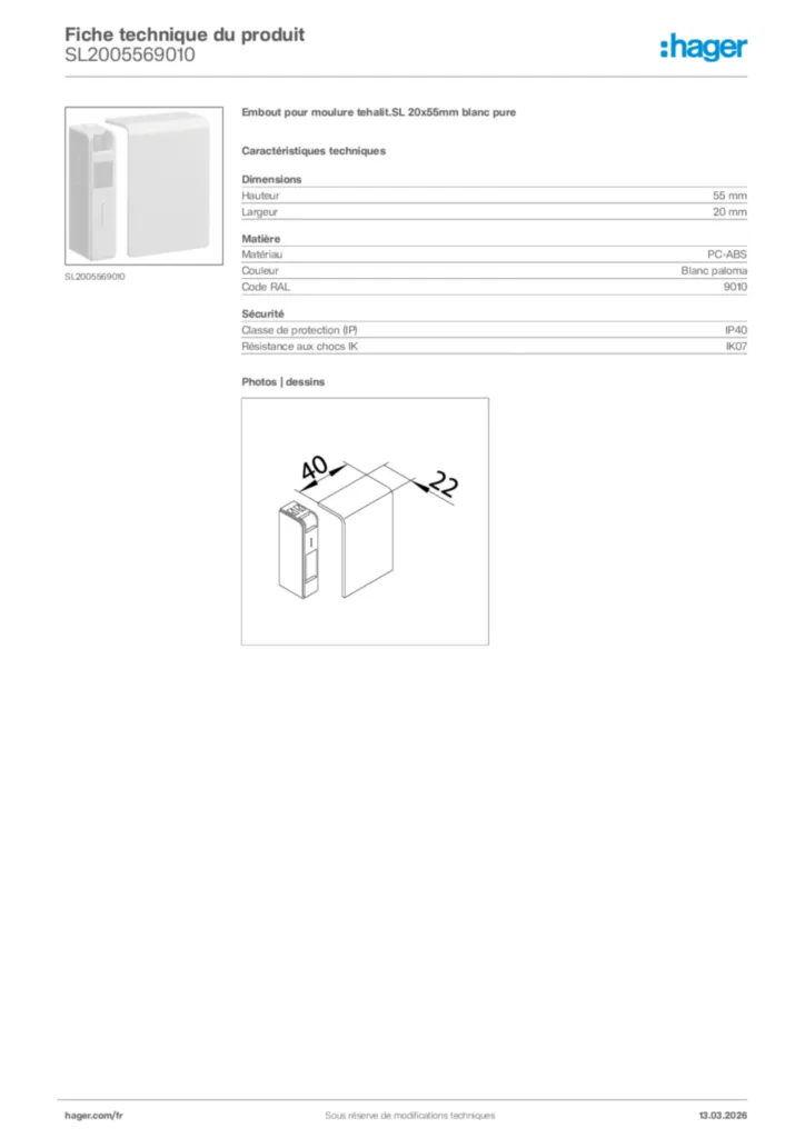 Image Hager Fiche technique du produit SL2005569010 | Hager France