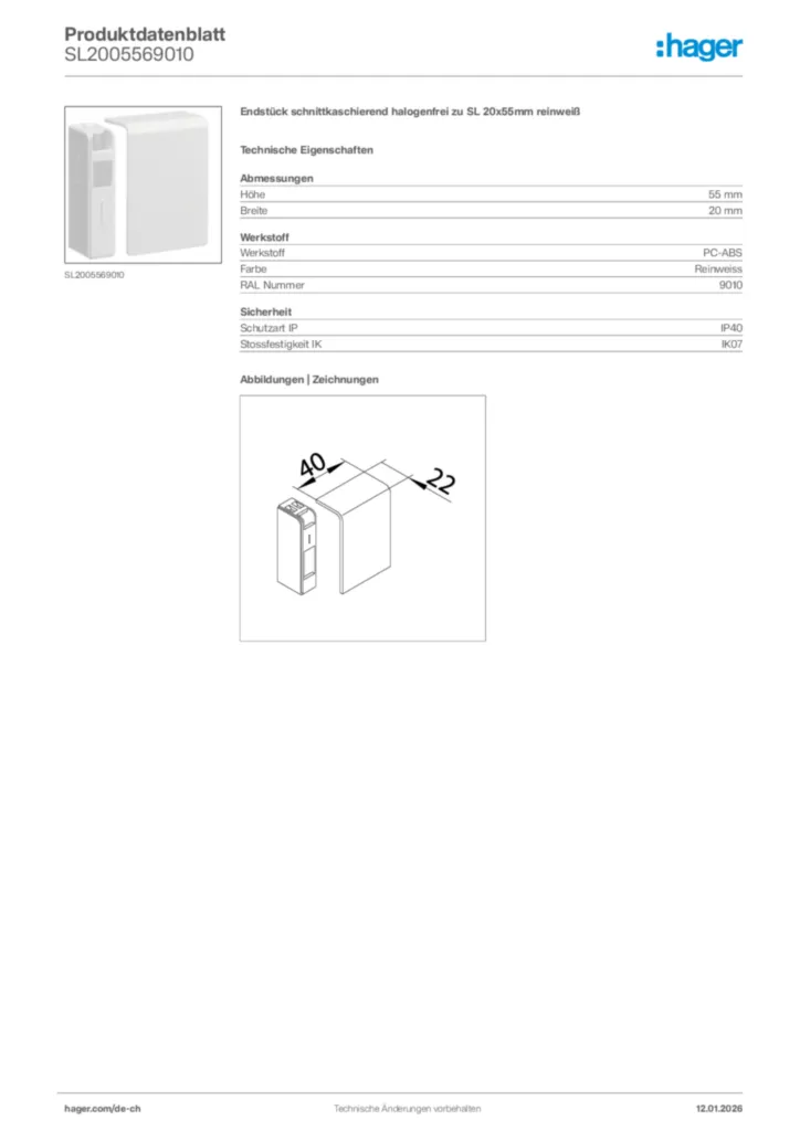 Bild Hager Produktdatenblatt SL2005569010 | Hager Schweiz