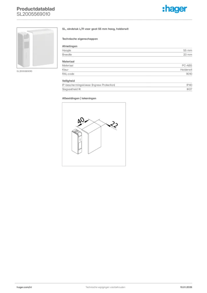 Afbeelding Hager Productdatablad SL2005569010 | Hager Nederland