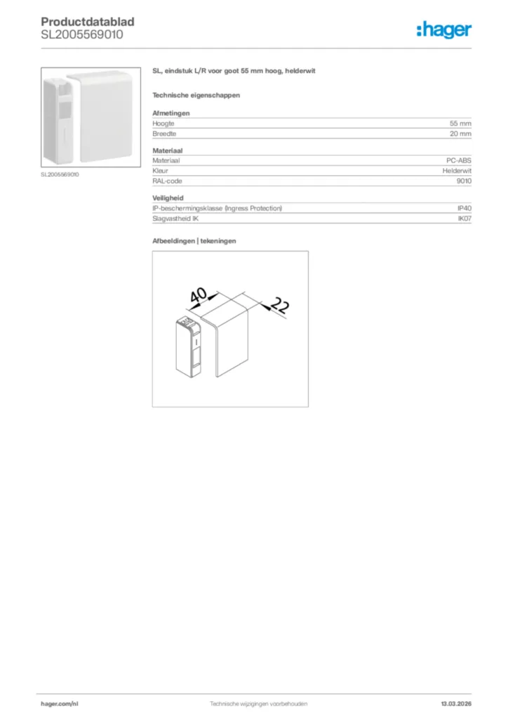 Afbeelding Hager Productdatablad SL2005569010 | Hager Nederland