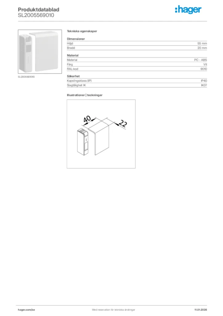 Bild Hager Produktdatablad SL2005569010 | Hager Sverige