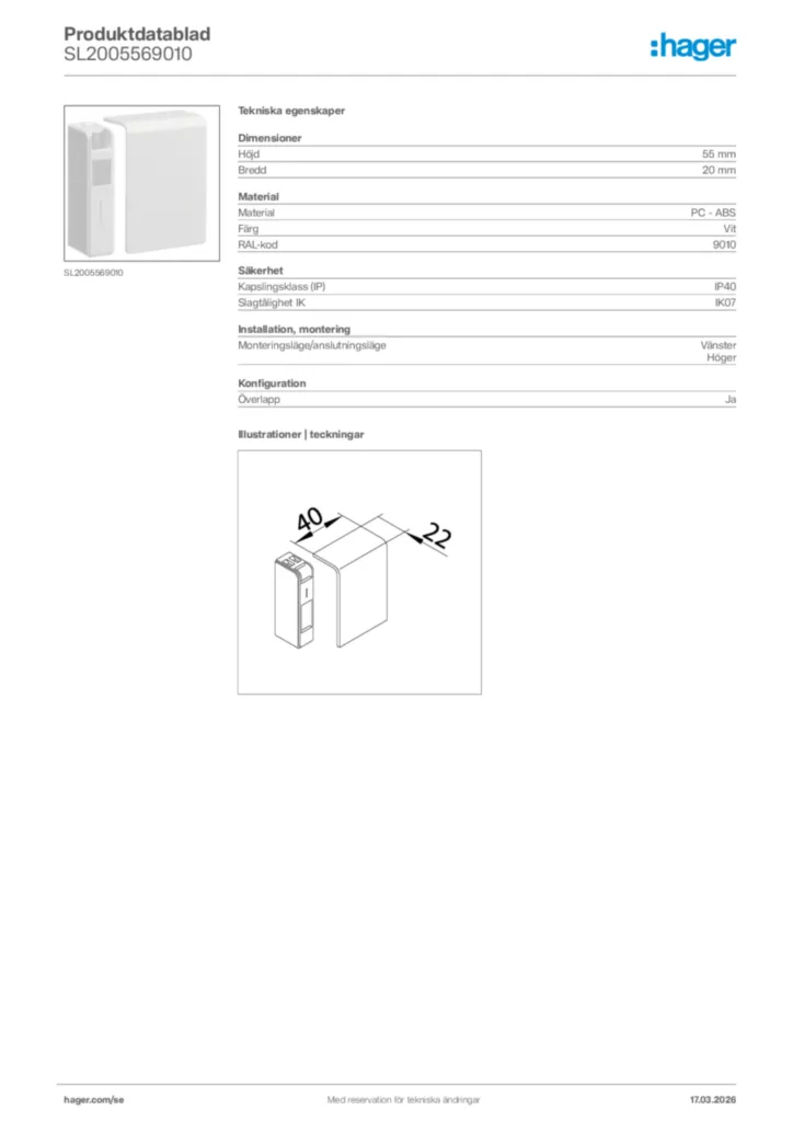 Bild Hager Produktdatablad SL2005569010 | Hager Sverige