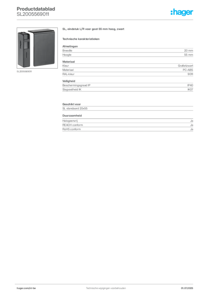 Afbeelding Hager Productdatablad SL2005569011 | Hager Belgium