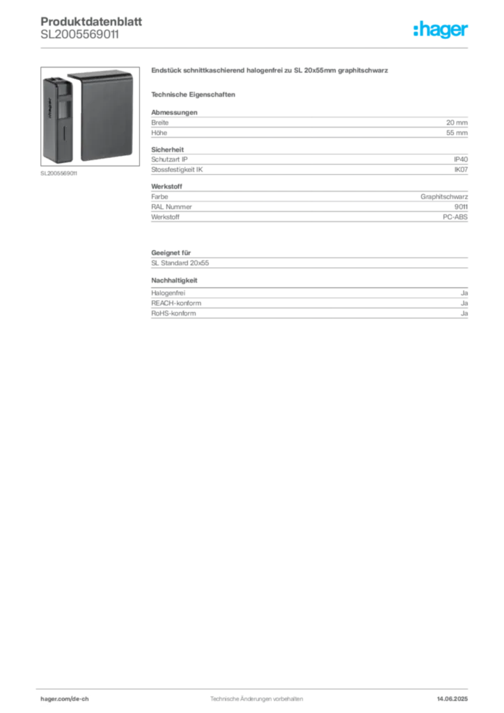 Bild Hager Produktdatenblatt SL2005569011 | Hager Schweiz