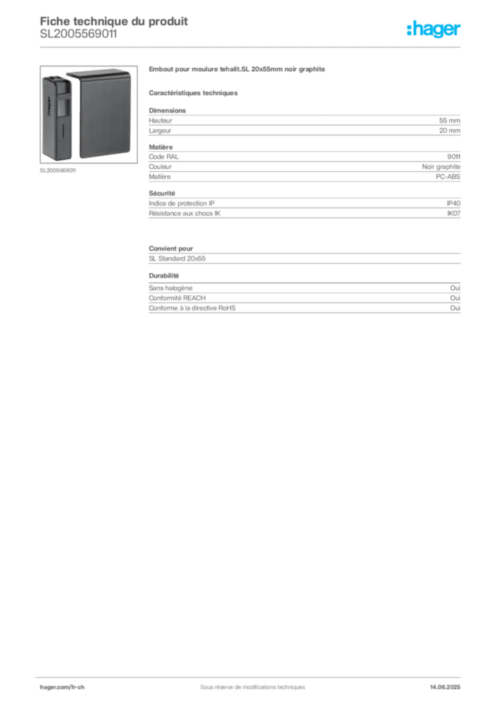 Image Hager Fiche technique du produit SL2005569011 | Hager Suisse